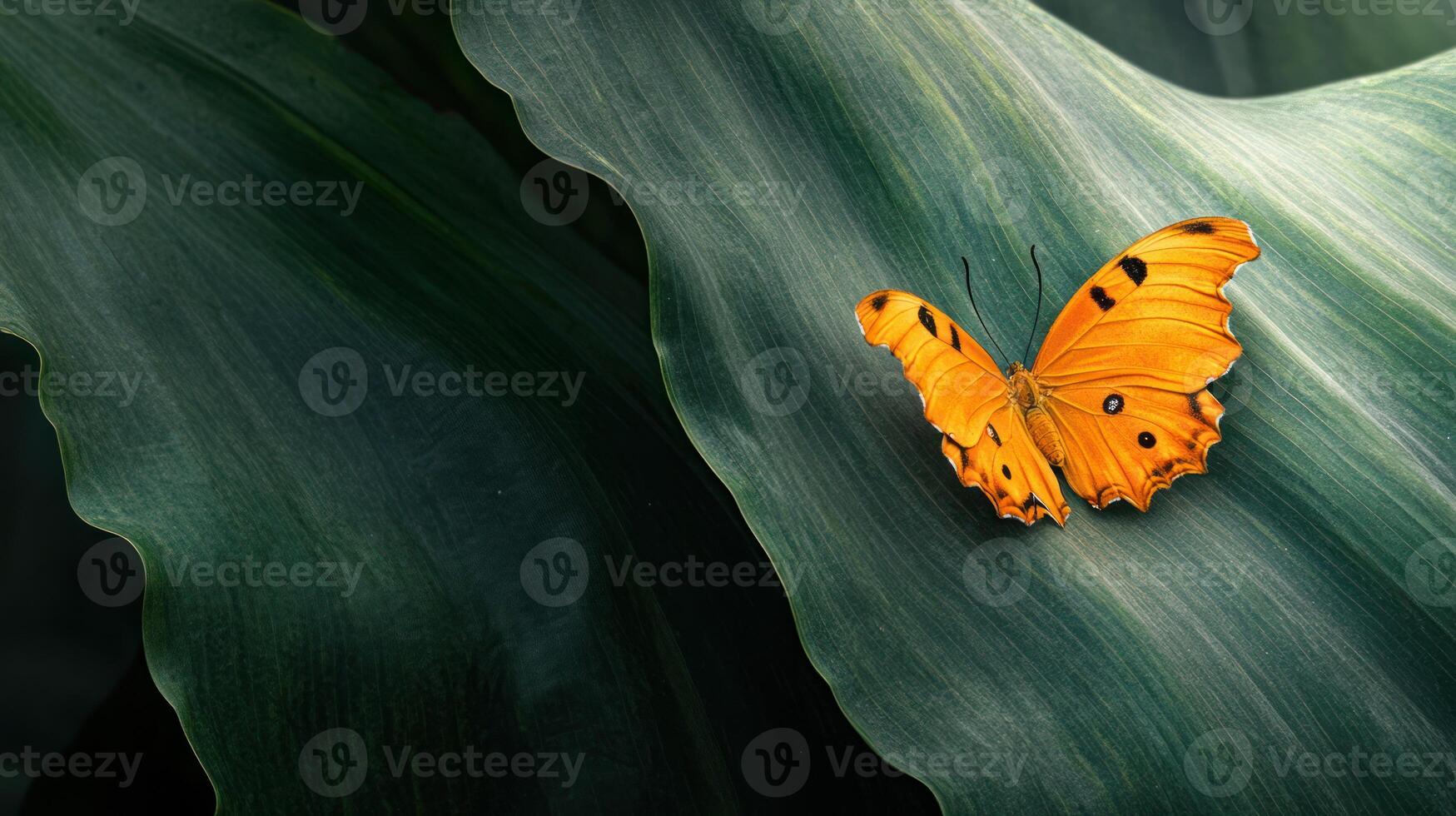 An orange butterfly rests upon the surface of a large leaf photo