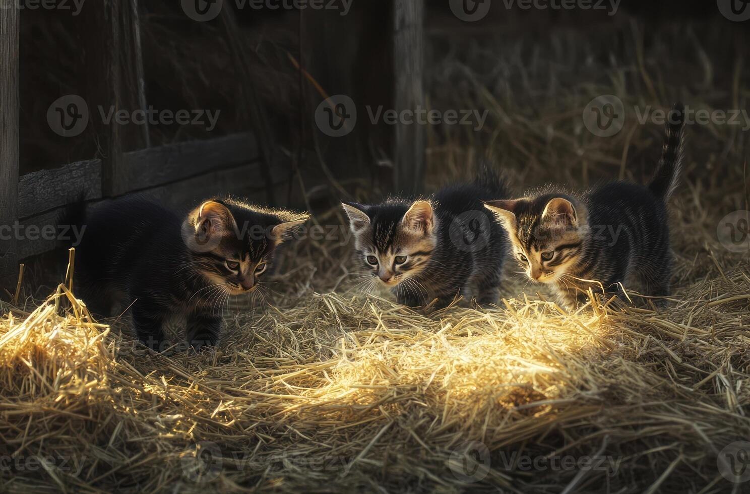 Three adorable kittens exploring together in a sunlit hayloft setting photo