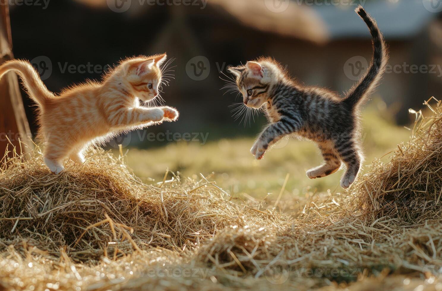 Two playful kittens leaping and interacting playfully within a grassy area photo