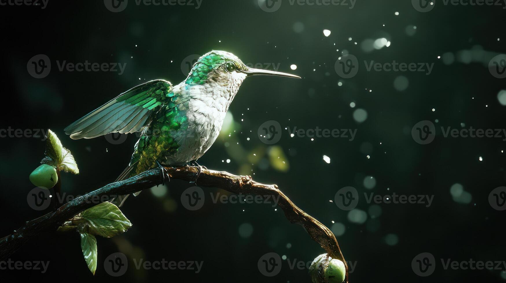 A small hummingbird resting on a branch in the dim light photo