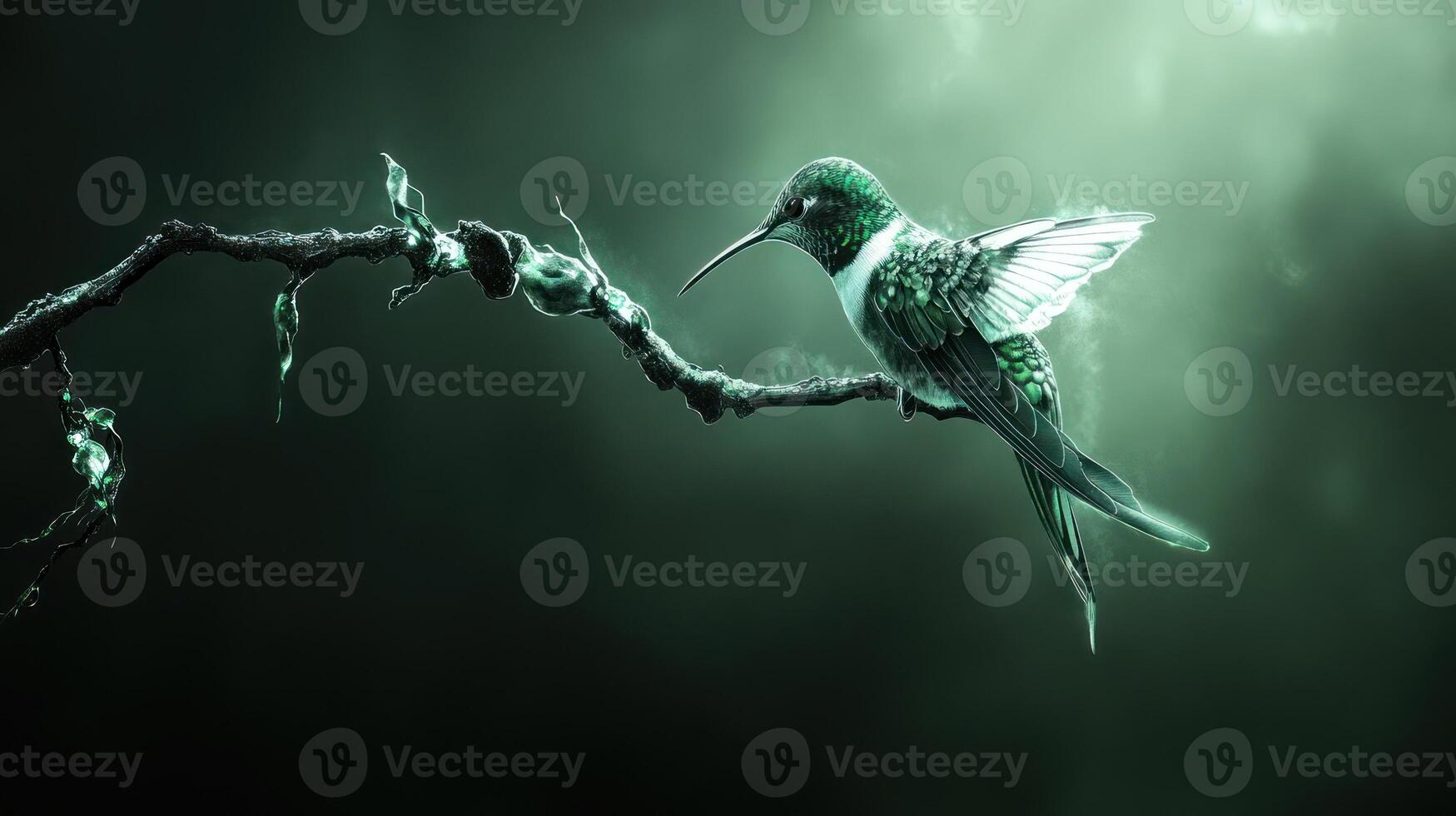 A beautiful hummingbird sits gracefully on a stylized tree branch photo