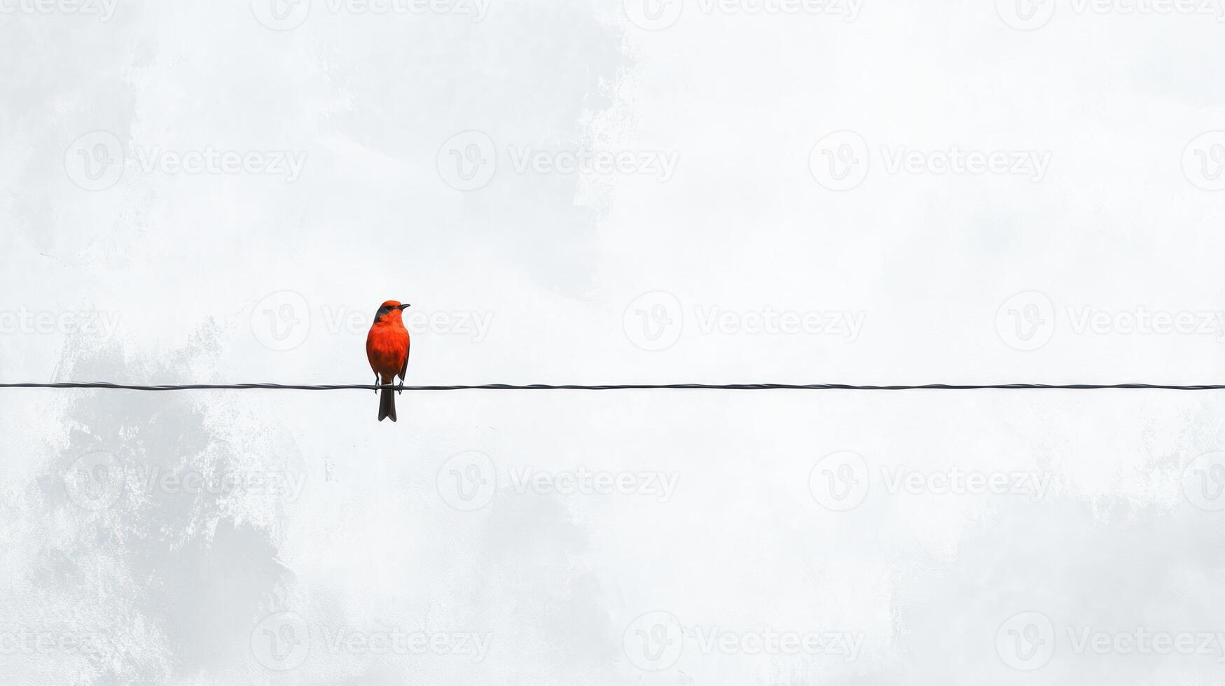A small red bird perches on a single wire outdoors photo