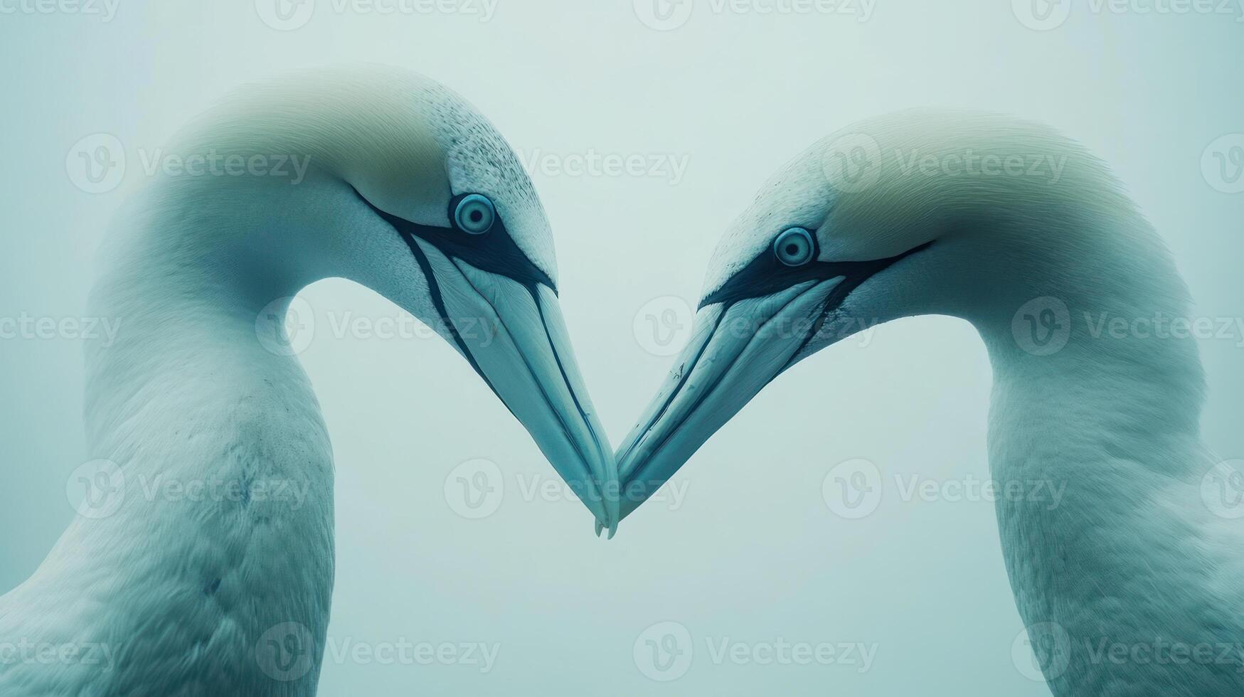 Two seabirds are positioned close together in front of a hazy background photo