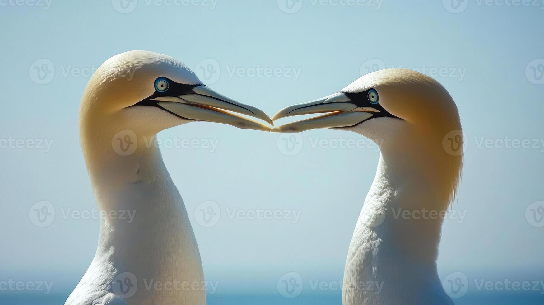 Two seabirds with yellow heads face each other under a blue sky photo