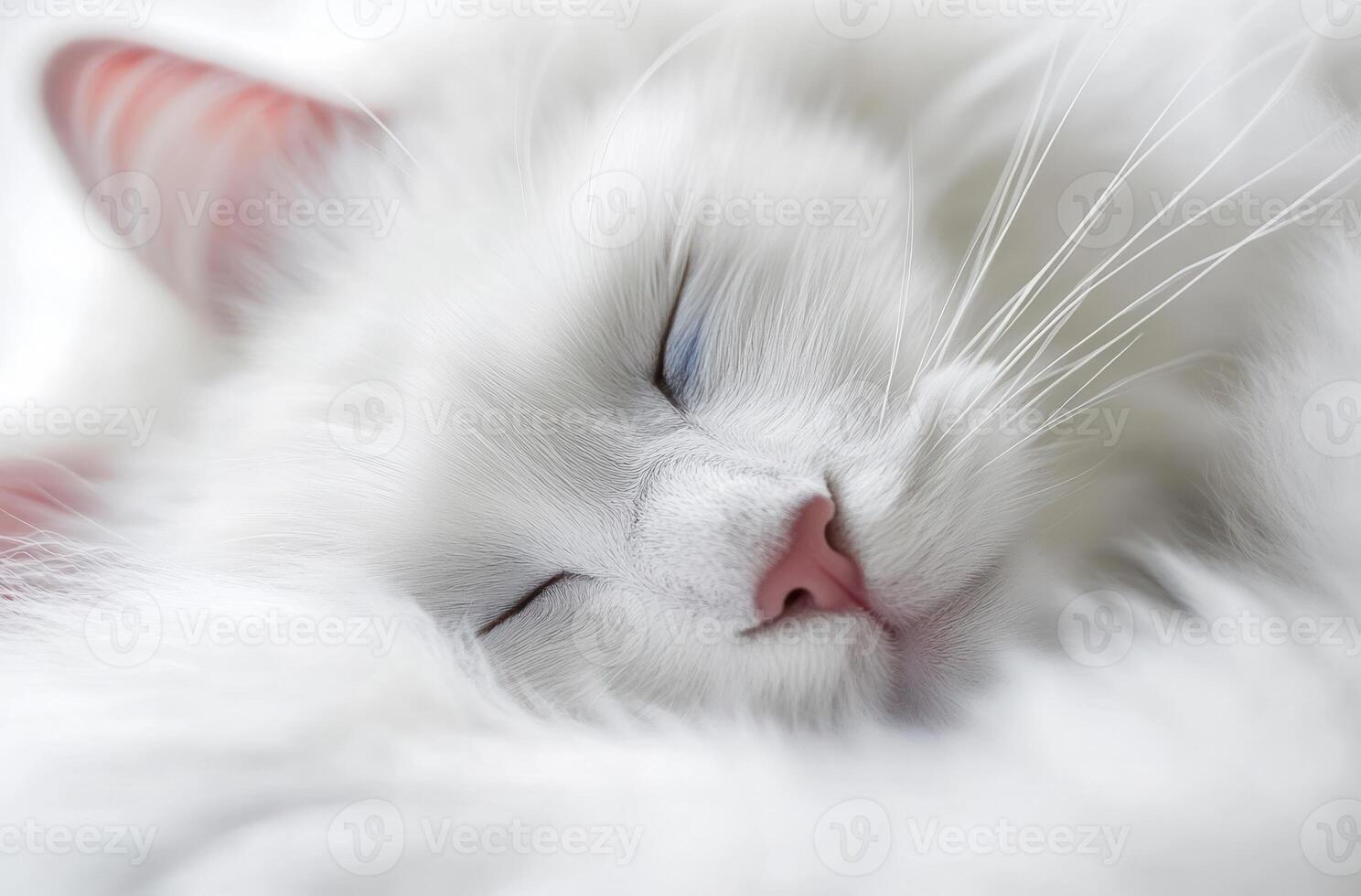 A beautiful white cat asleep in a fluffy and soft pose photo