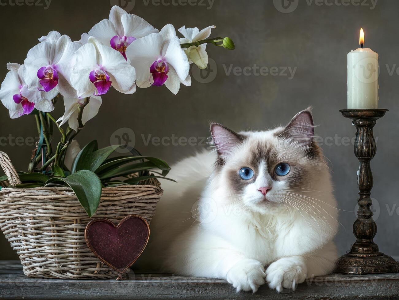 Fluffy cat lying near orchids with candle and decorative items photo
