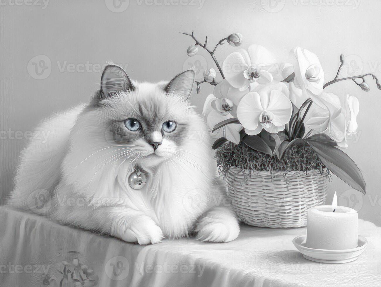 A fluffy cat and orchids next to a lit candle photo