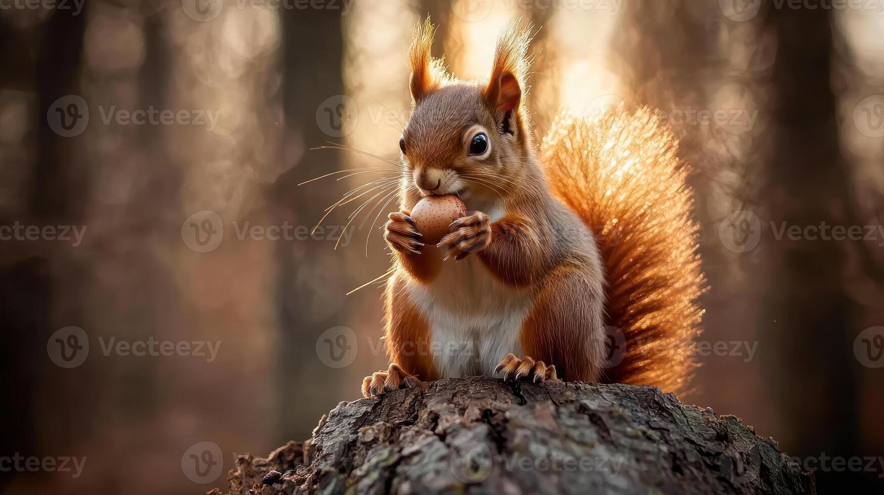 An adorable squirrel holding a nut while resting on a tree trunk photo