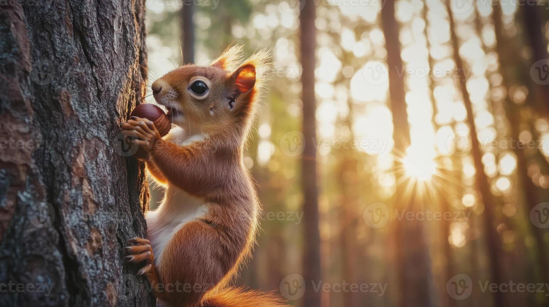 A red squirrel holds a nut while climbing on tree bark photo