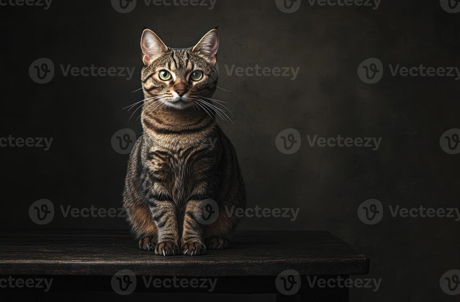 A beautiful tabby cat sitting attentively on a wooden surface photo