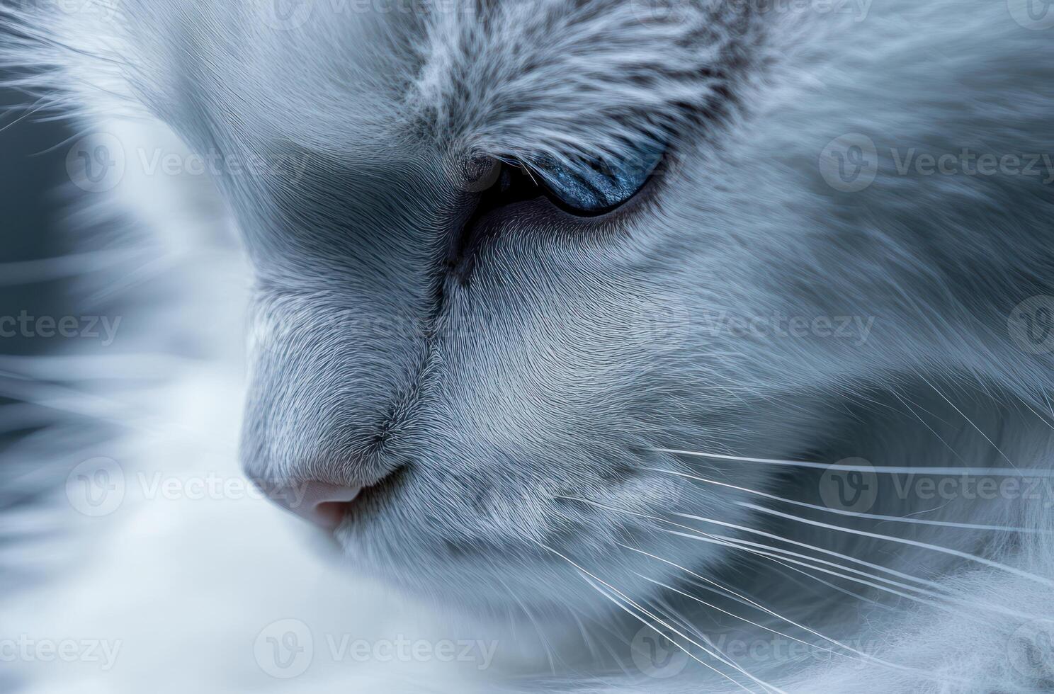 A close up profile view shows a feline with blue eyes photo