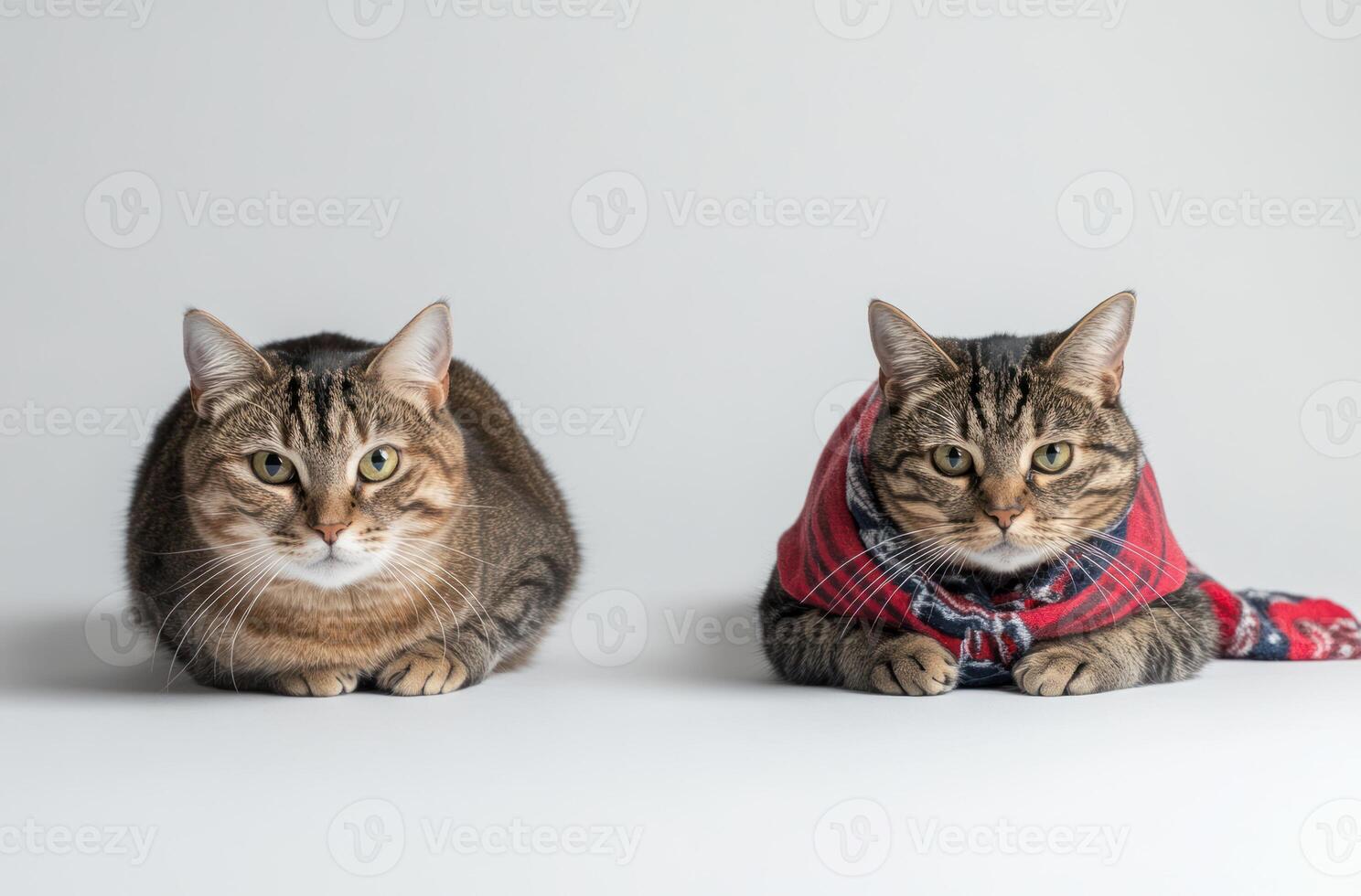 Two tabby cats are posing for the camera looking directly forward photo