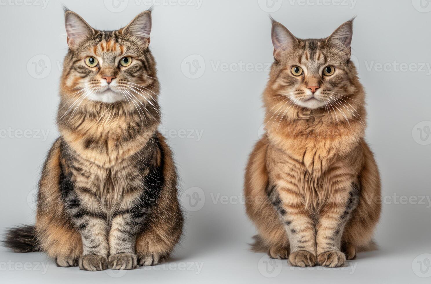 Two majestic long haired felines posing in front of a white backdrop photo