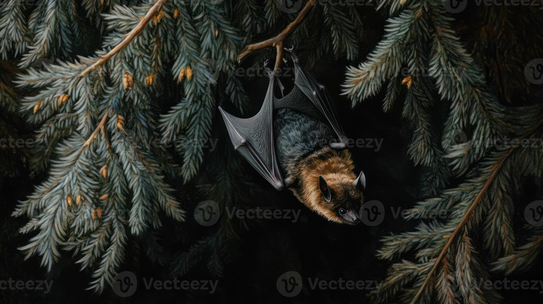 A bat hangs from a branch amid dark evergreen tree branches photo