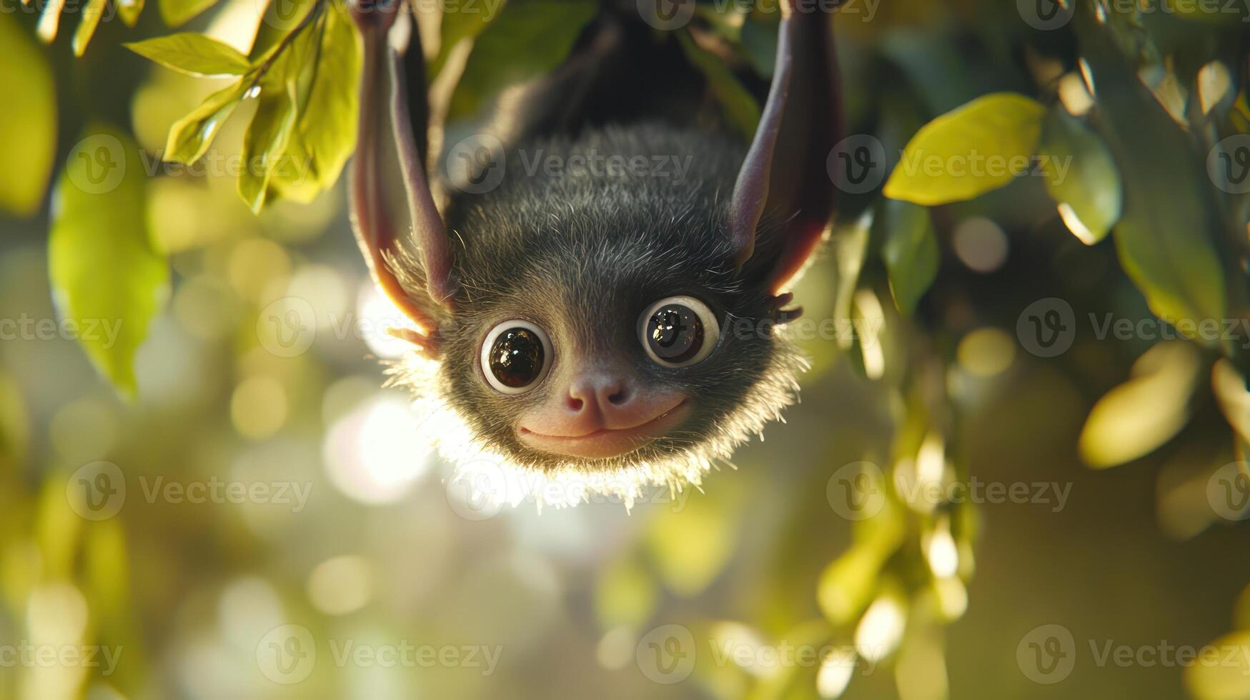 A cute bat smiles while hanging upside down on a tree photo