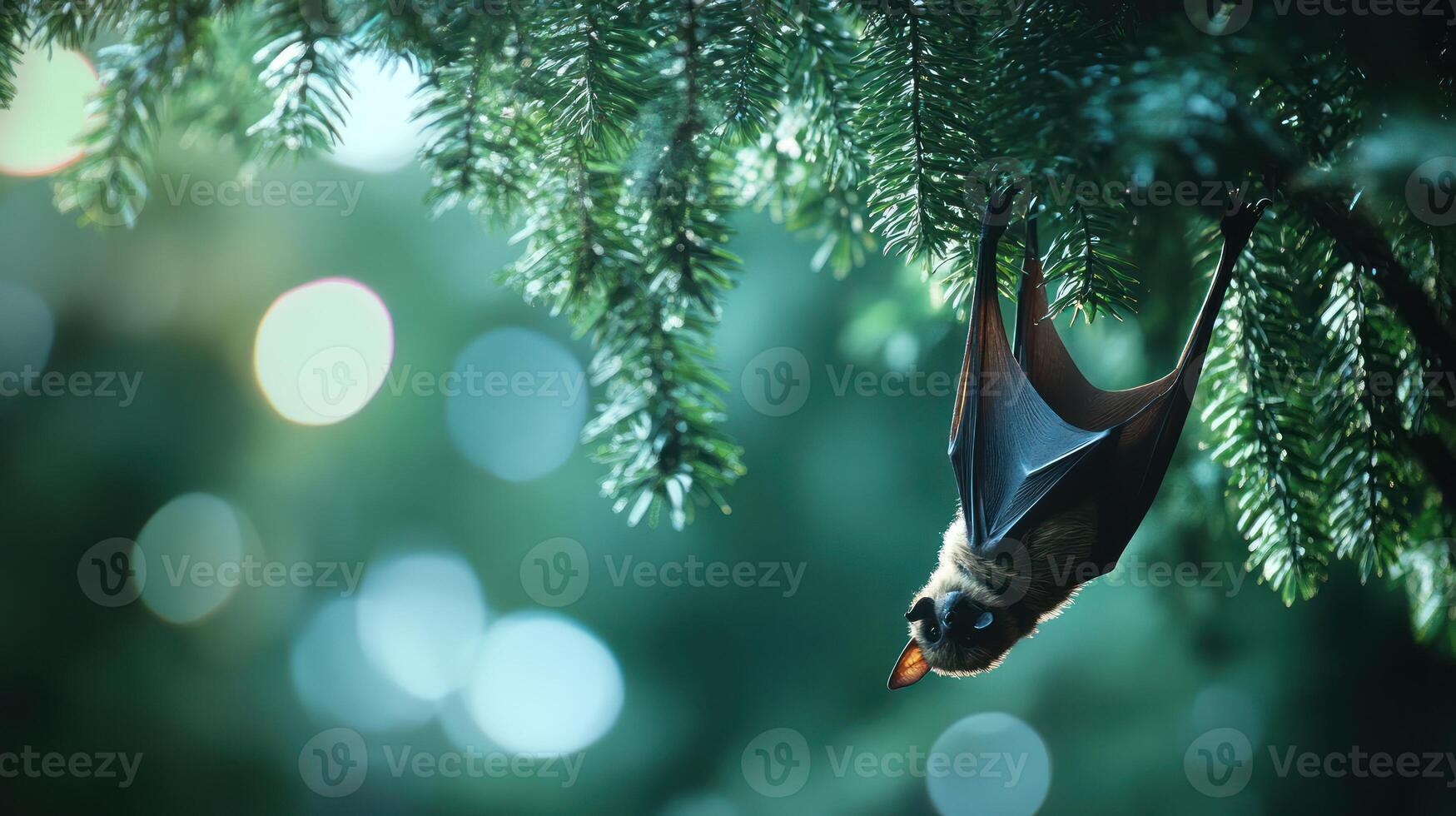 A bat hangs upside down from the branches of a pine tree photo