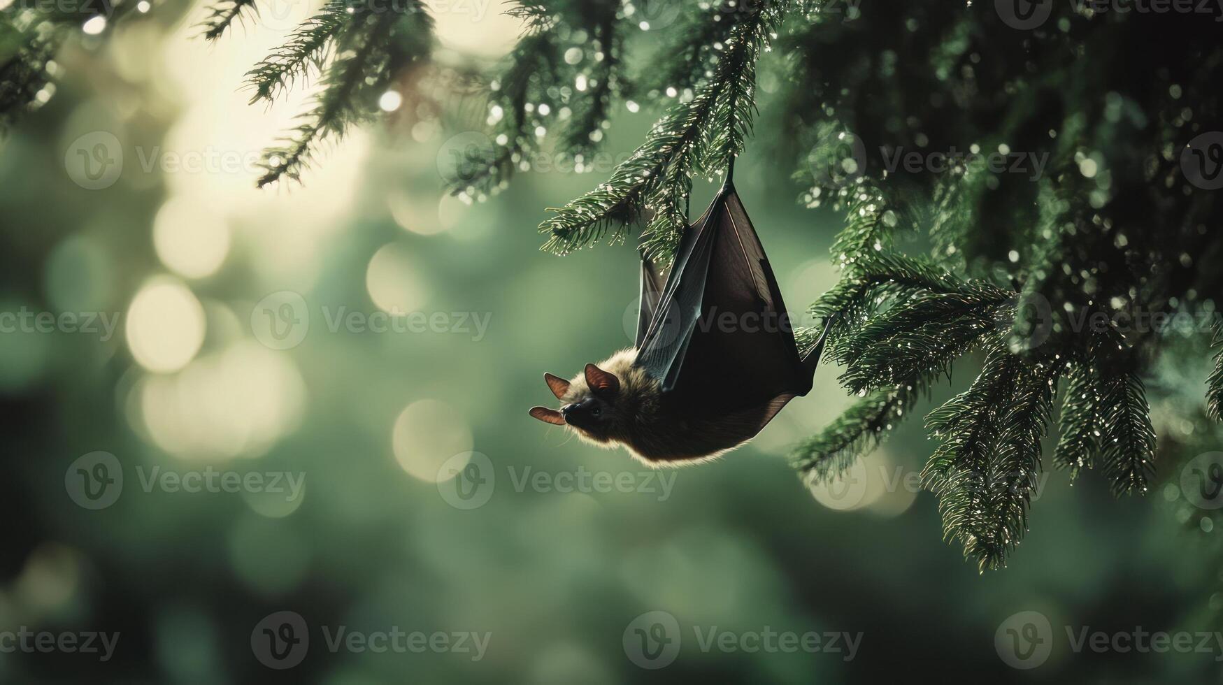 A bat hangs upside down on a tree branch in nature photo