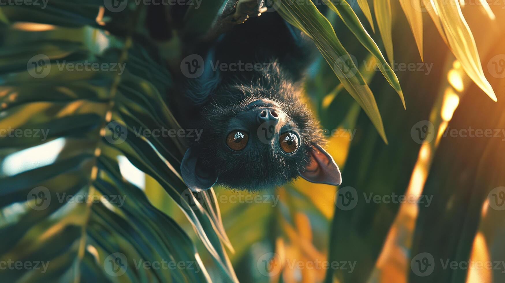 A small bat hanging upside down amidst lush green foliage photo