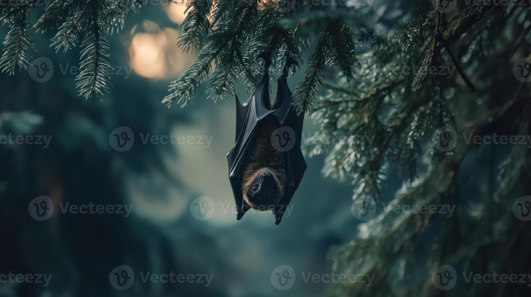 A bat hangs upside down on a branch in a forest setting photo
