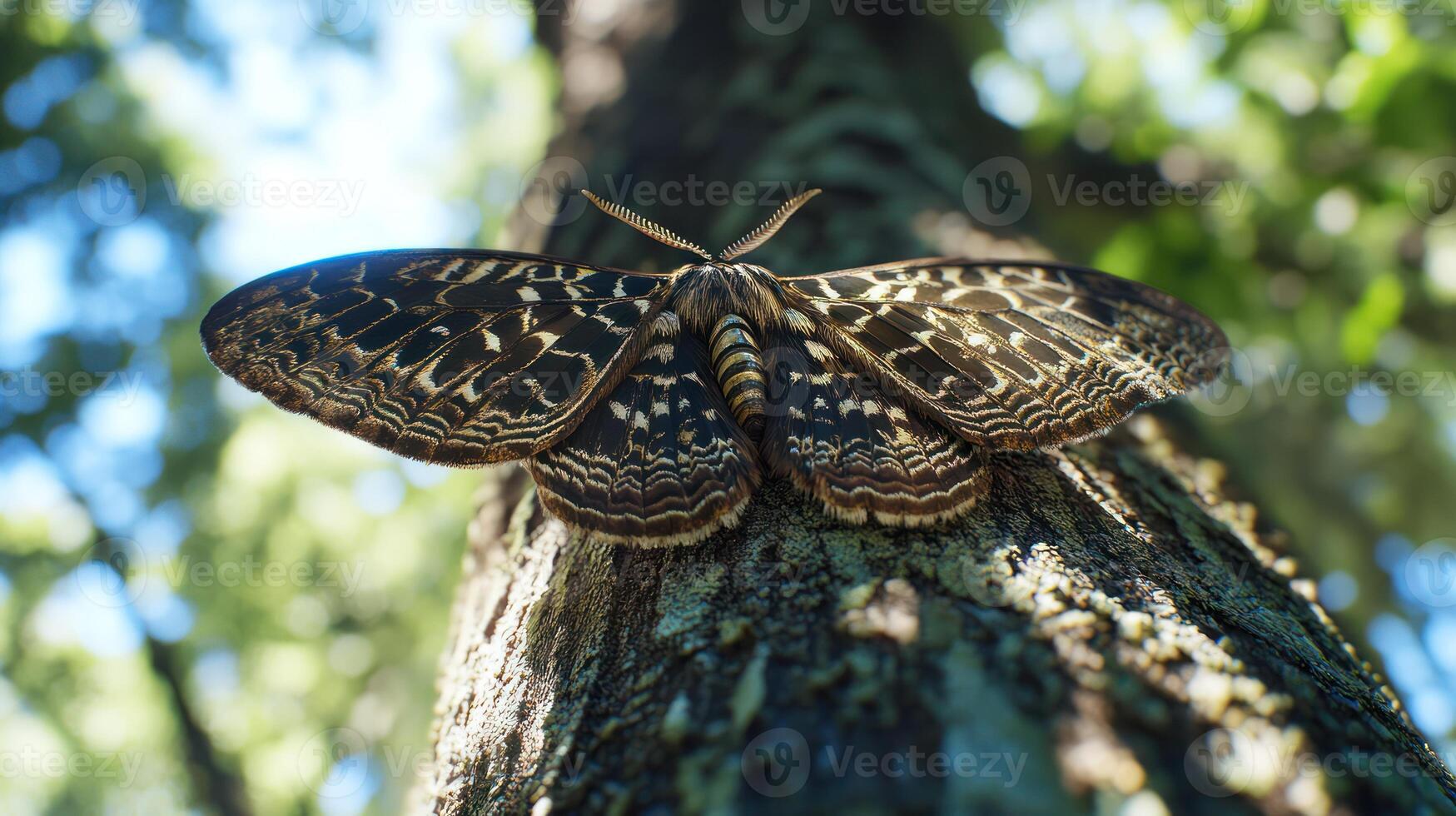 A moth with beautifully patterned wings resting on a tree trunk photo