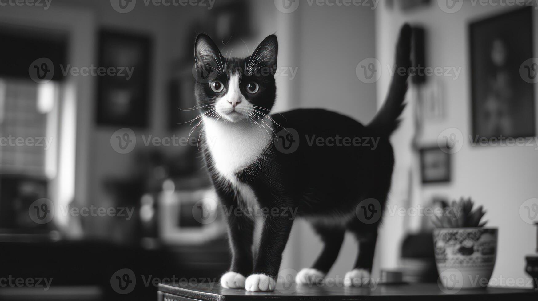 A beautiful black and white cat stands confidently on furniture photo