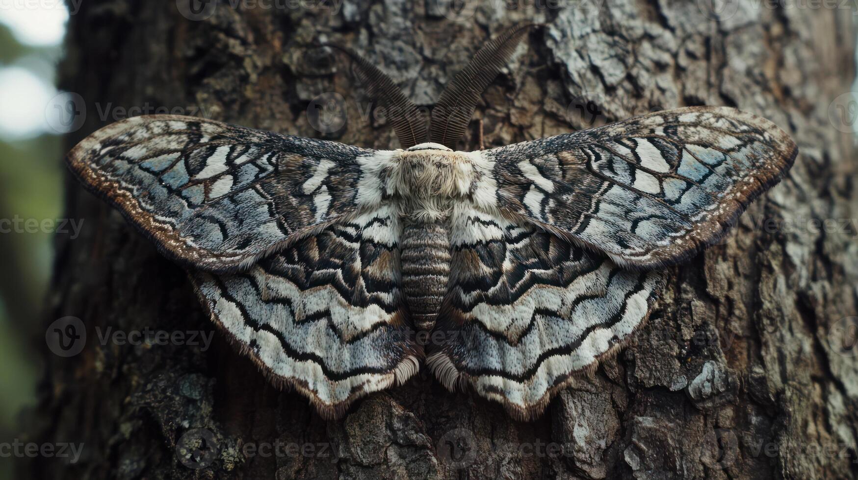 A beautiful moth with patterned wings rests upon a tree photo