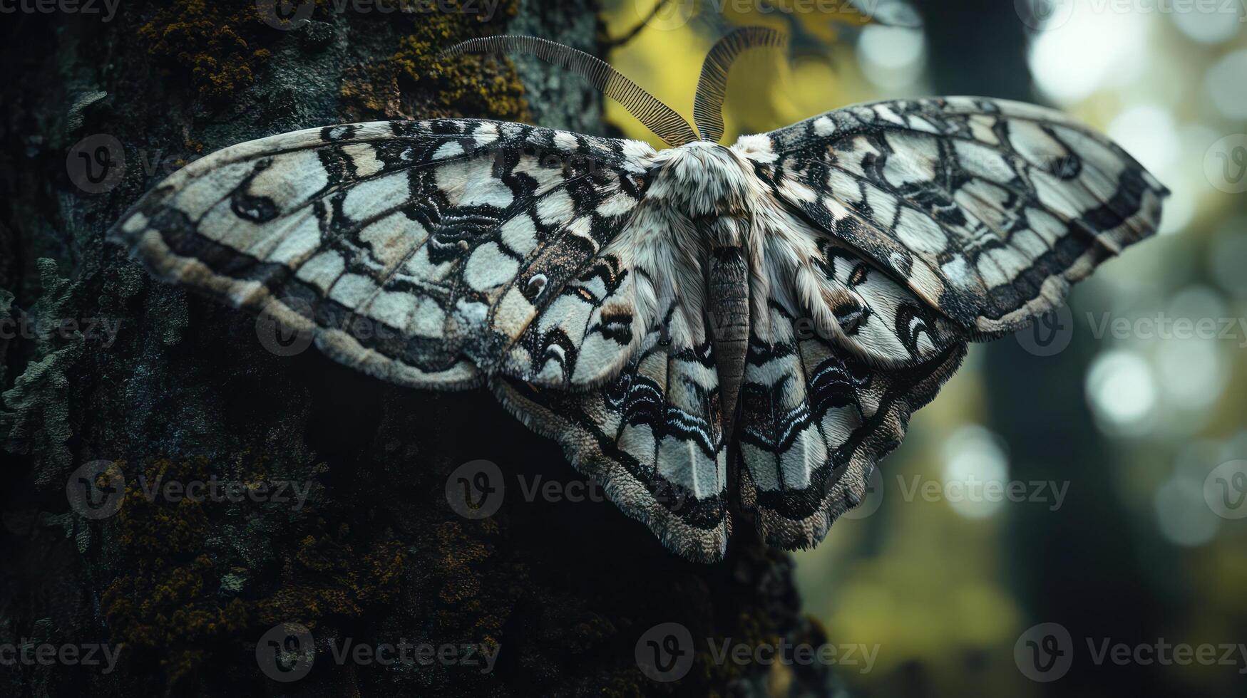 A large moth with patterned wings rests on a tree trunk photo