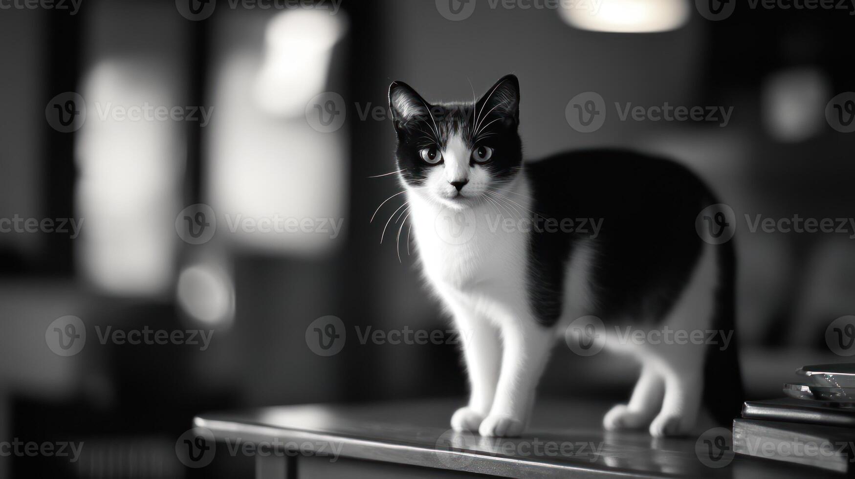 A Black And White Cat Standing Gracefully On A Surface photo