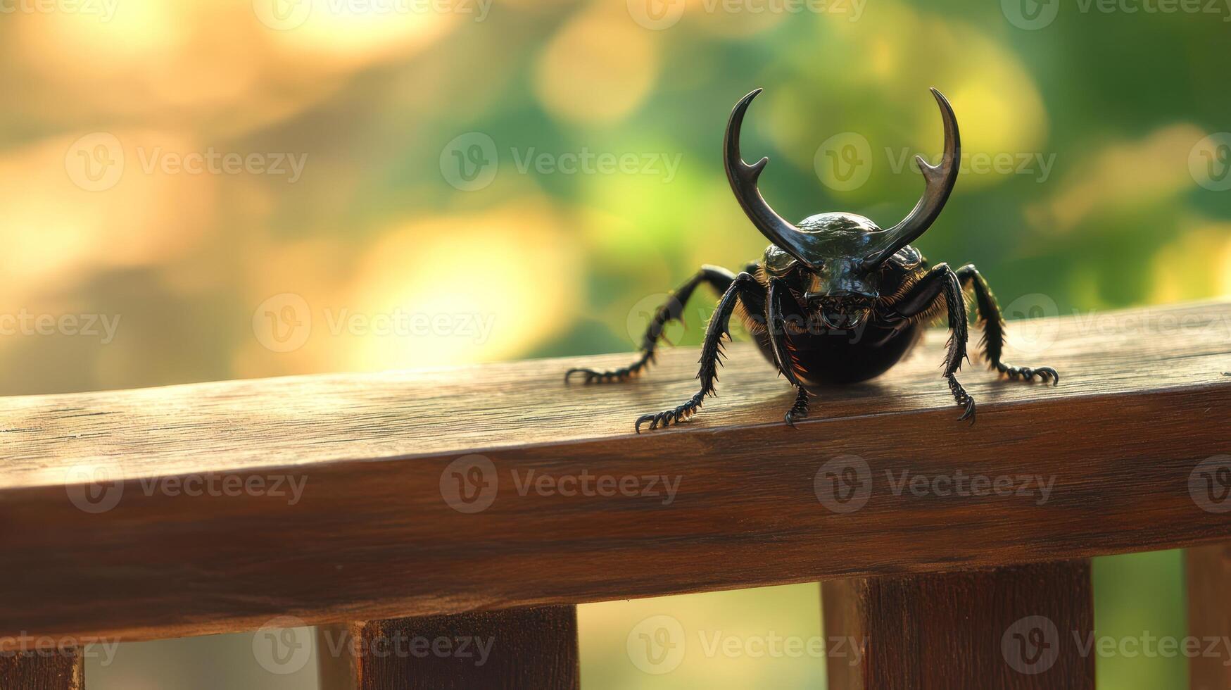 A large insect with horns resting on wooden structure photo