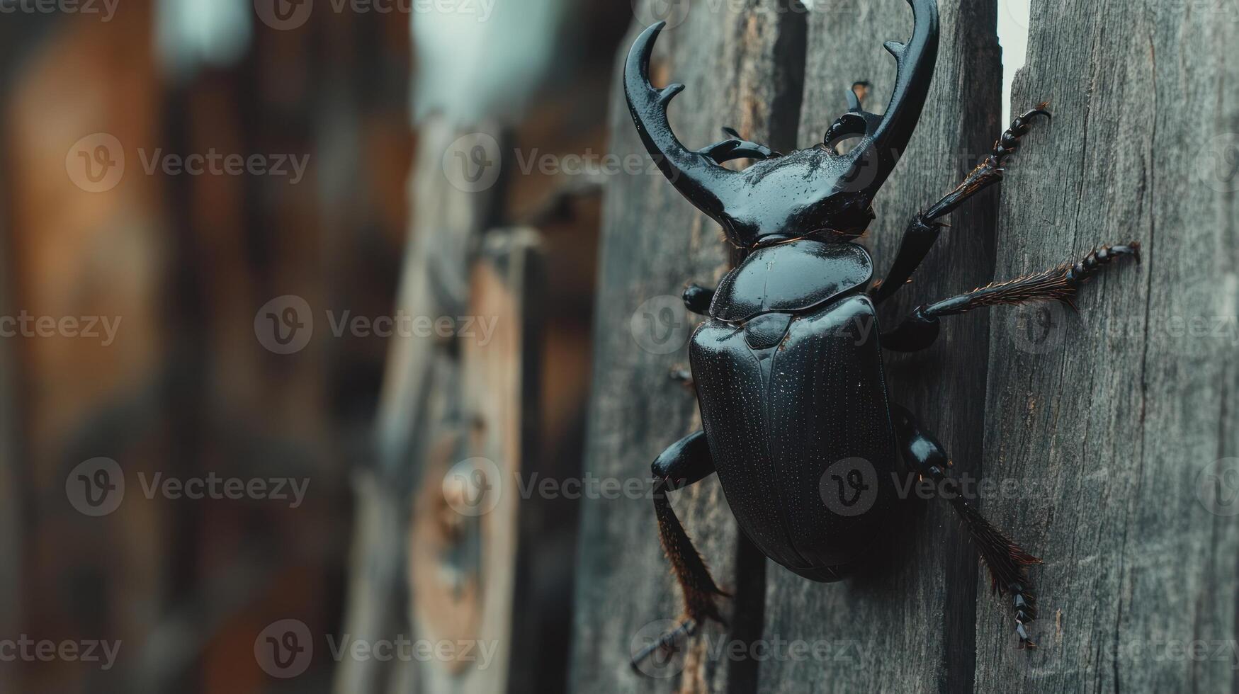 A large beetle with horns resting on a wooden surface photo