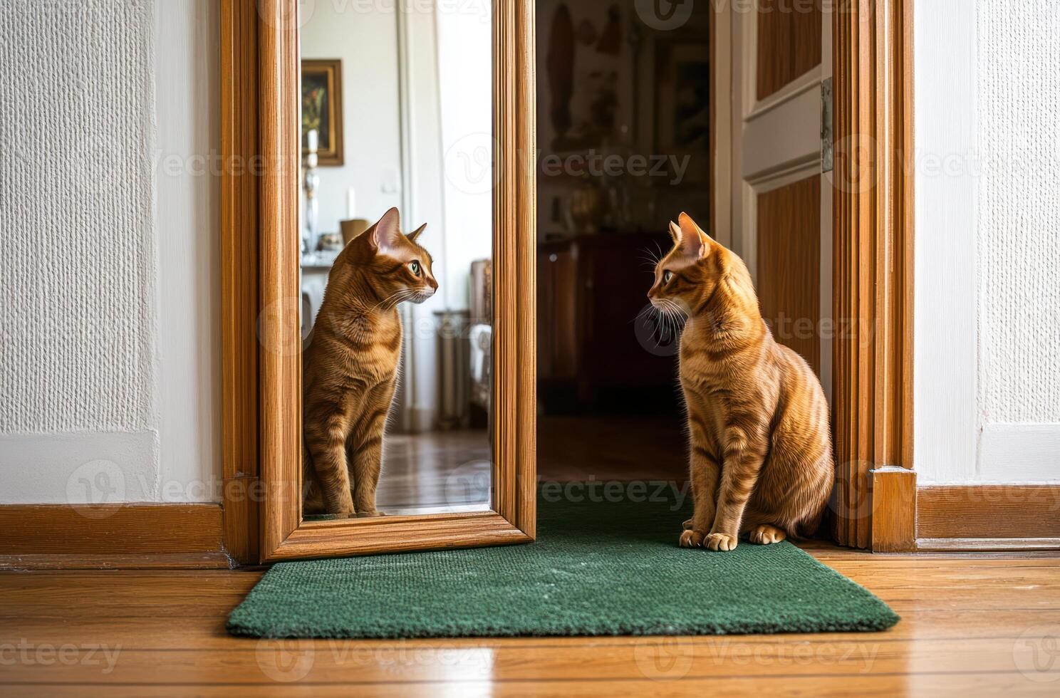 A ginger cat staring at its own reflection in a mirror photo