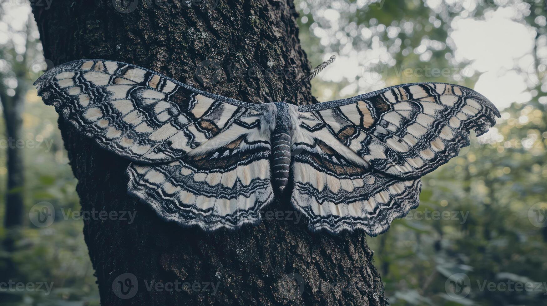 A large moth with intricate patterns rests on a tree trunk photo