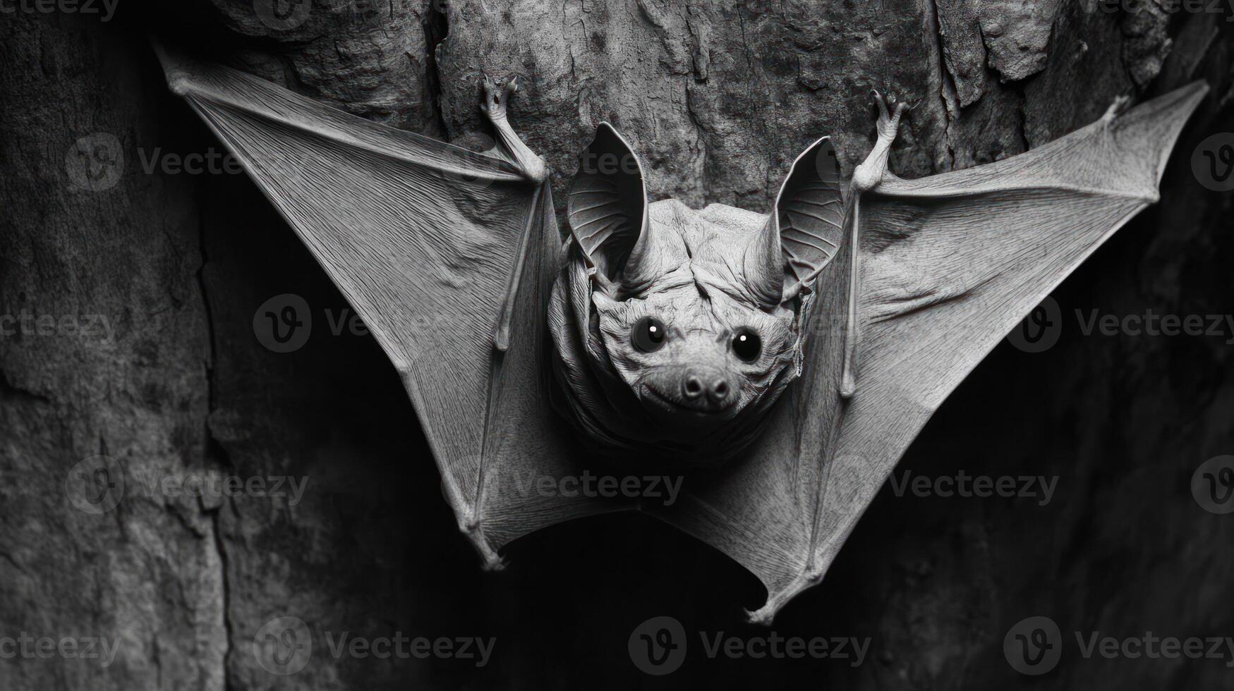 A gray bat with its wings spread perched on a textured surface photo