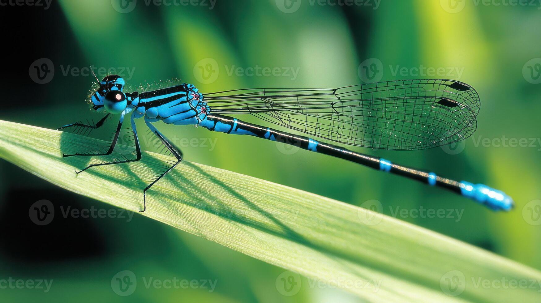 A stunning close up view of a blue damselfly on a leaf photo