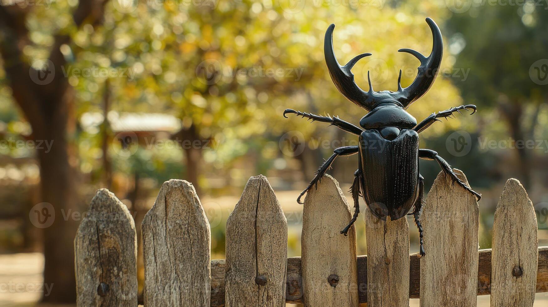 A large stag beetle perched on top of a wooden fence photo