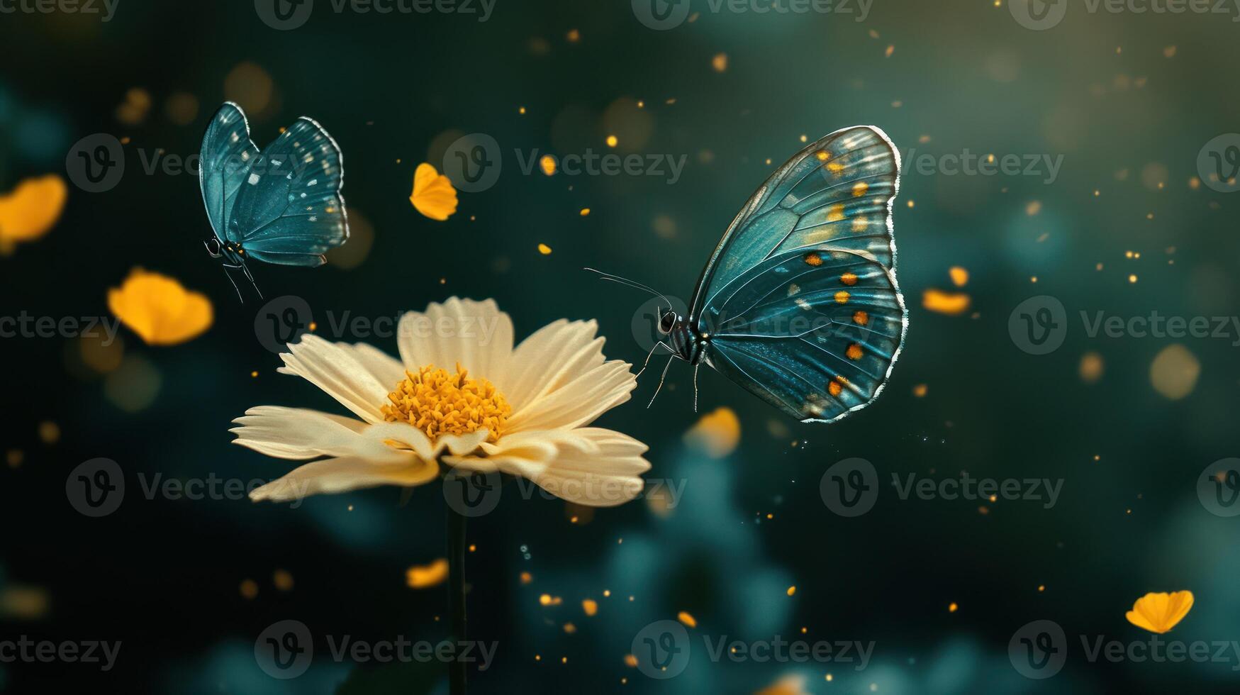 Butterflies hovering over a delicate flower in a soft dreamy scene photo