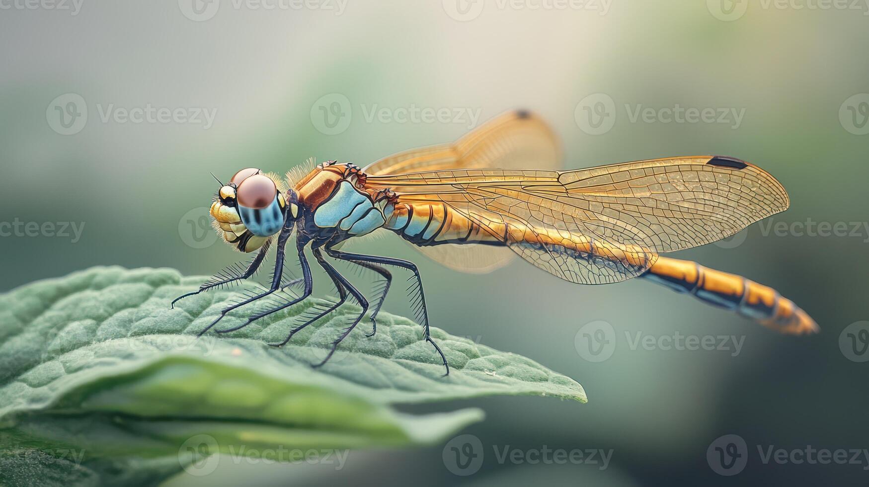 A beautiful dragonfly with intricate wings resting on a green leaf photo