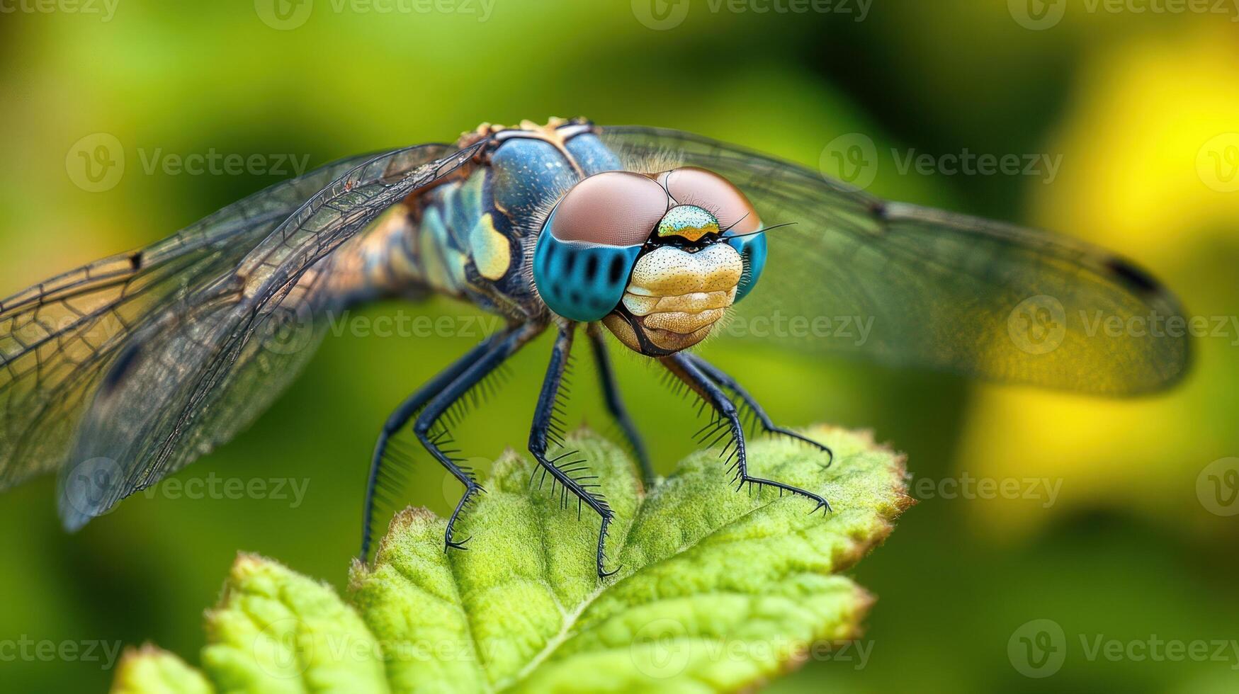 A macro photograph features a brightly colored dragonfly on a green leaf photo