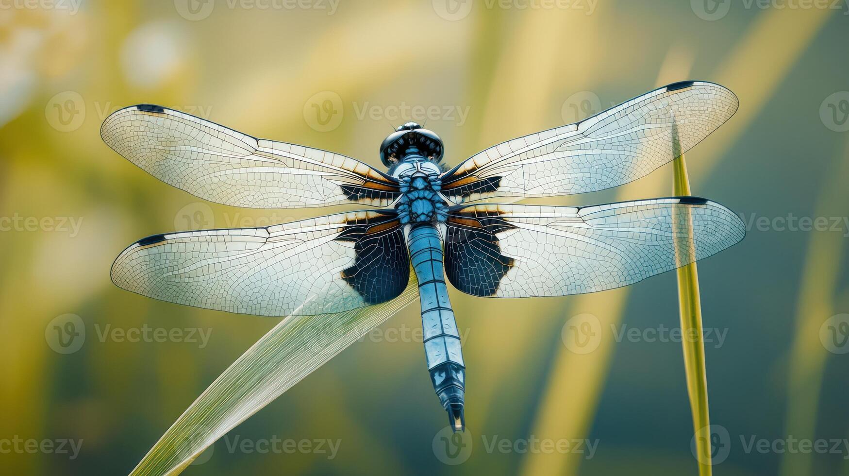 A close up image shows a dragonfly on a blade of grass photo