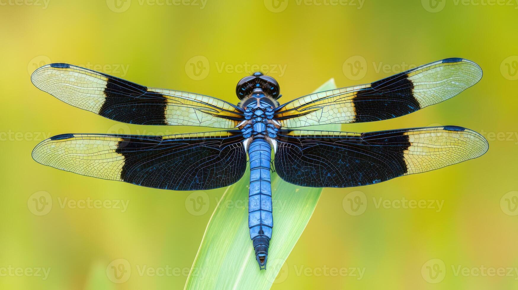 A detailed photograph shows a dragonfly resting on a green leaf photo
