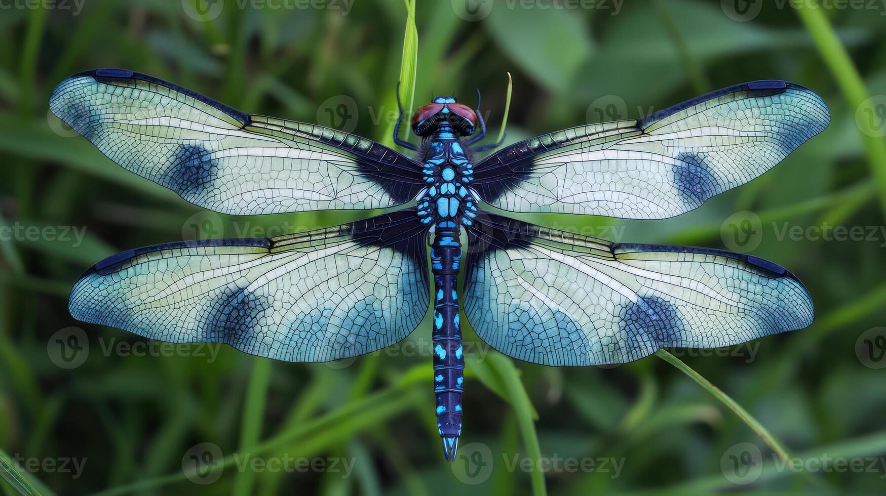 A colorful dragonfly displaying its wings over a green background photo