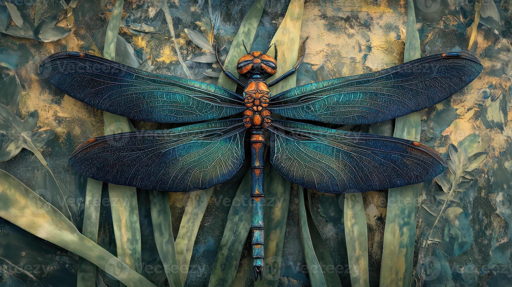 A Detailed Artistic Representation of a Dragonfly in a Natural Setting photo