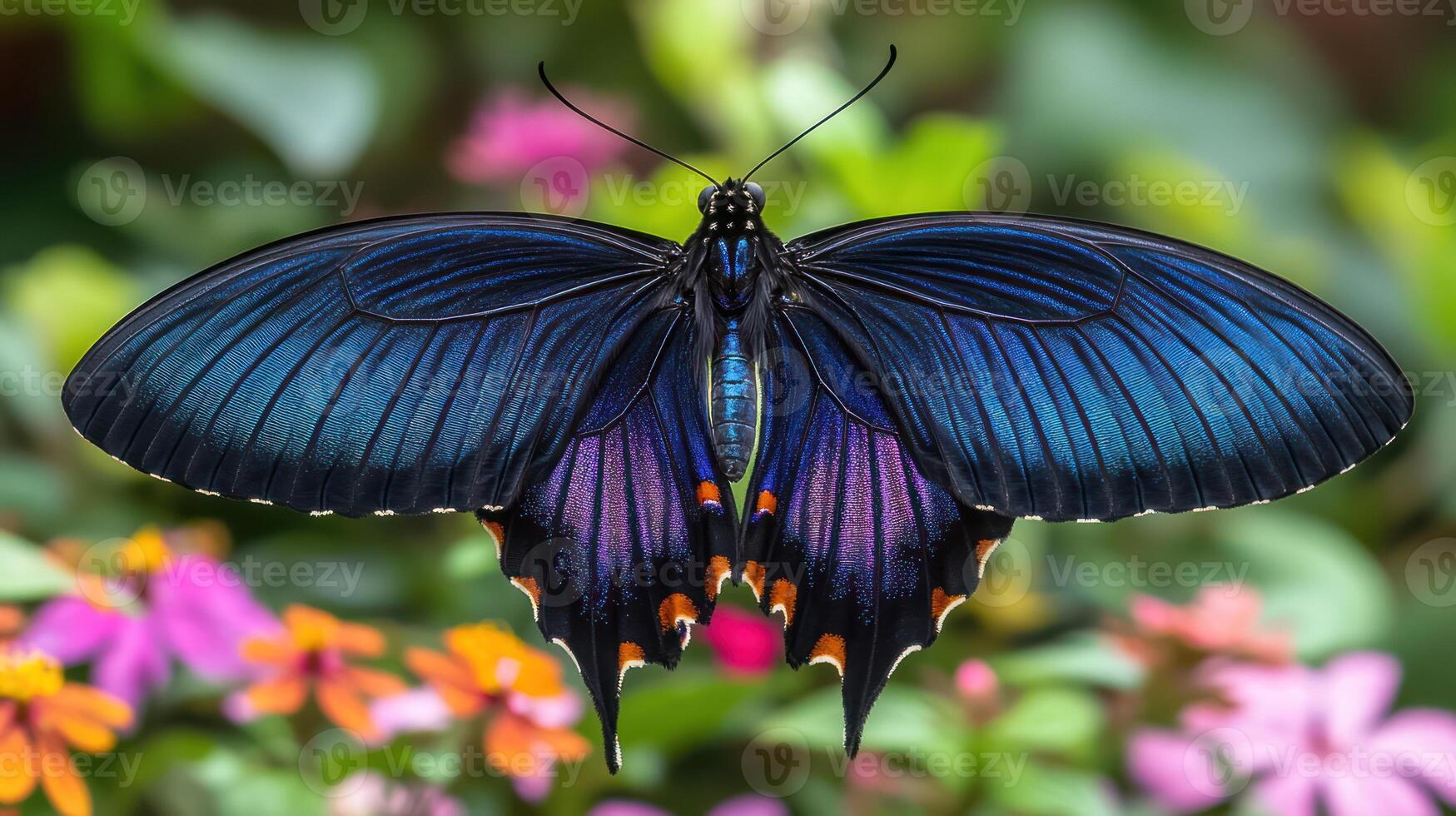 A beautiful butterfly displaying its wings against a colorful background of flowers photo
