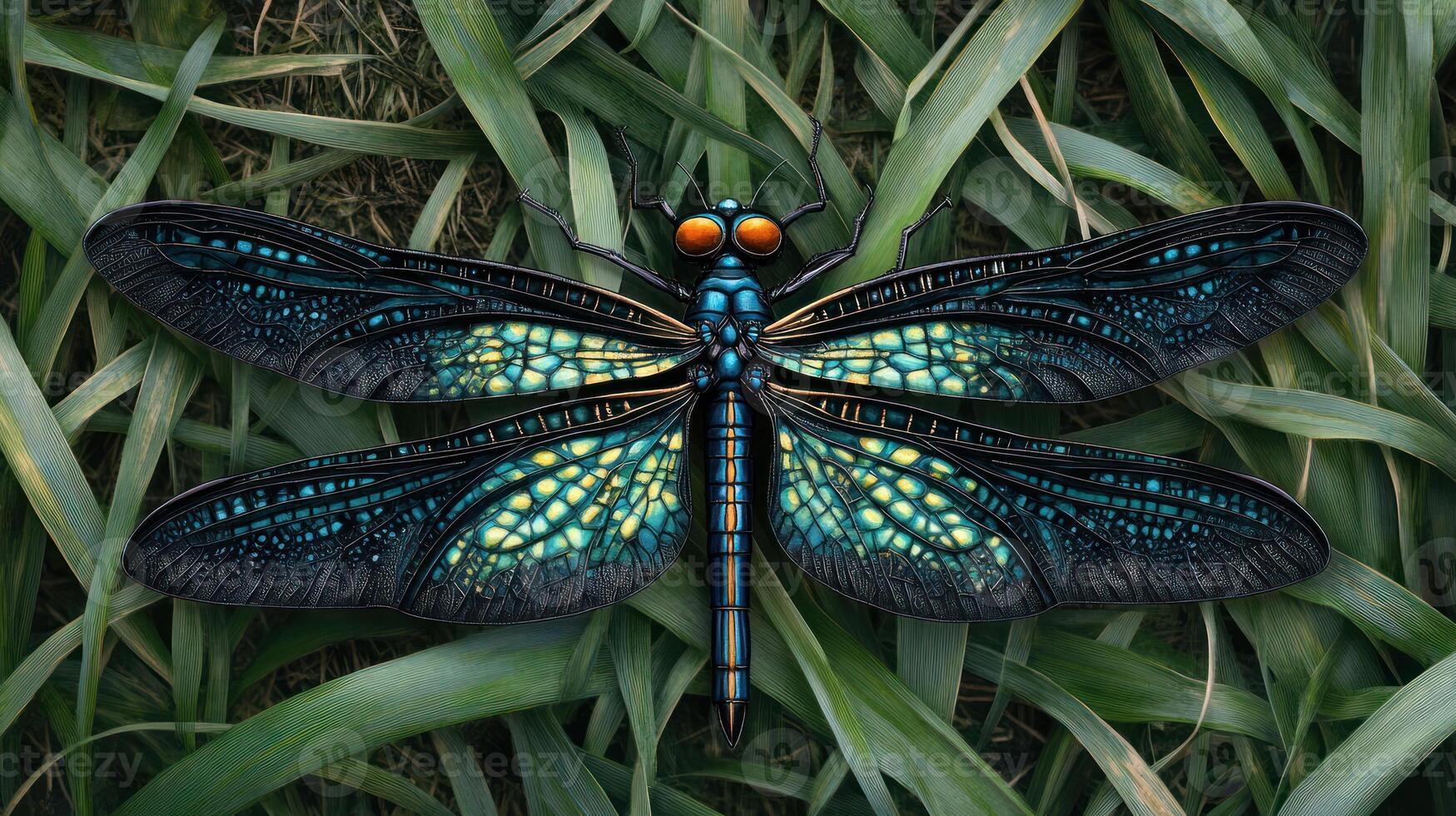 A detailed rendering of a magnificent dragonfly rests on green grass photo