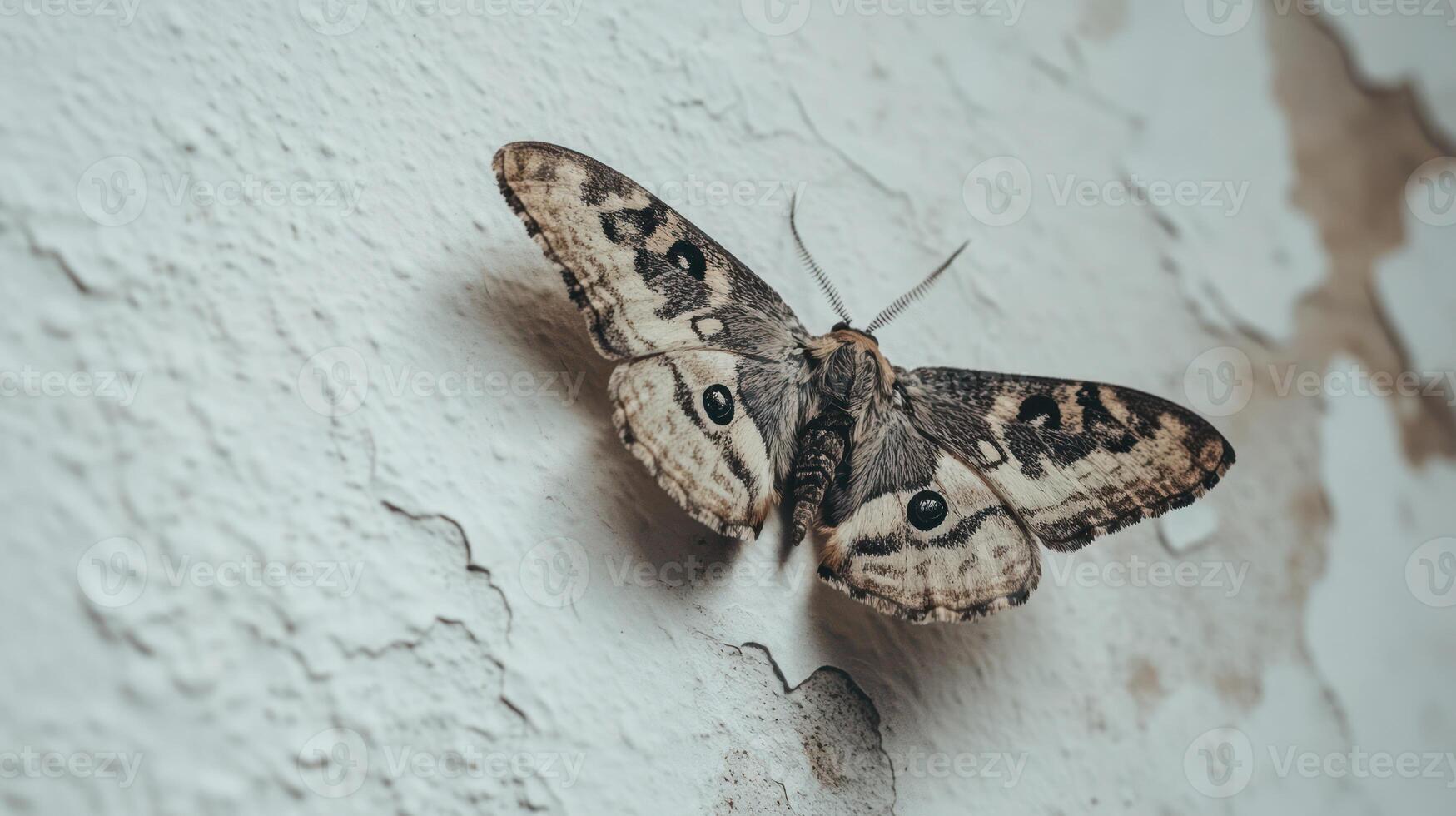 A beautiful moth with patterned wings perched on a white surface photo