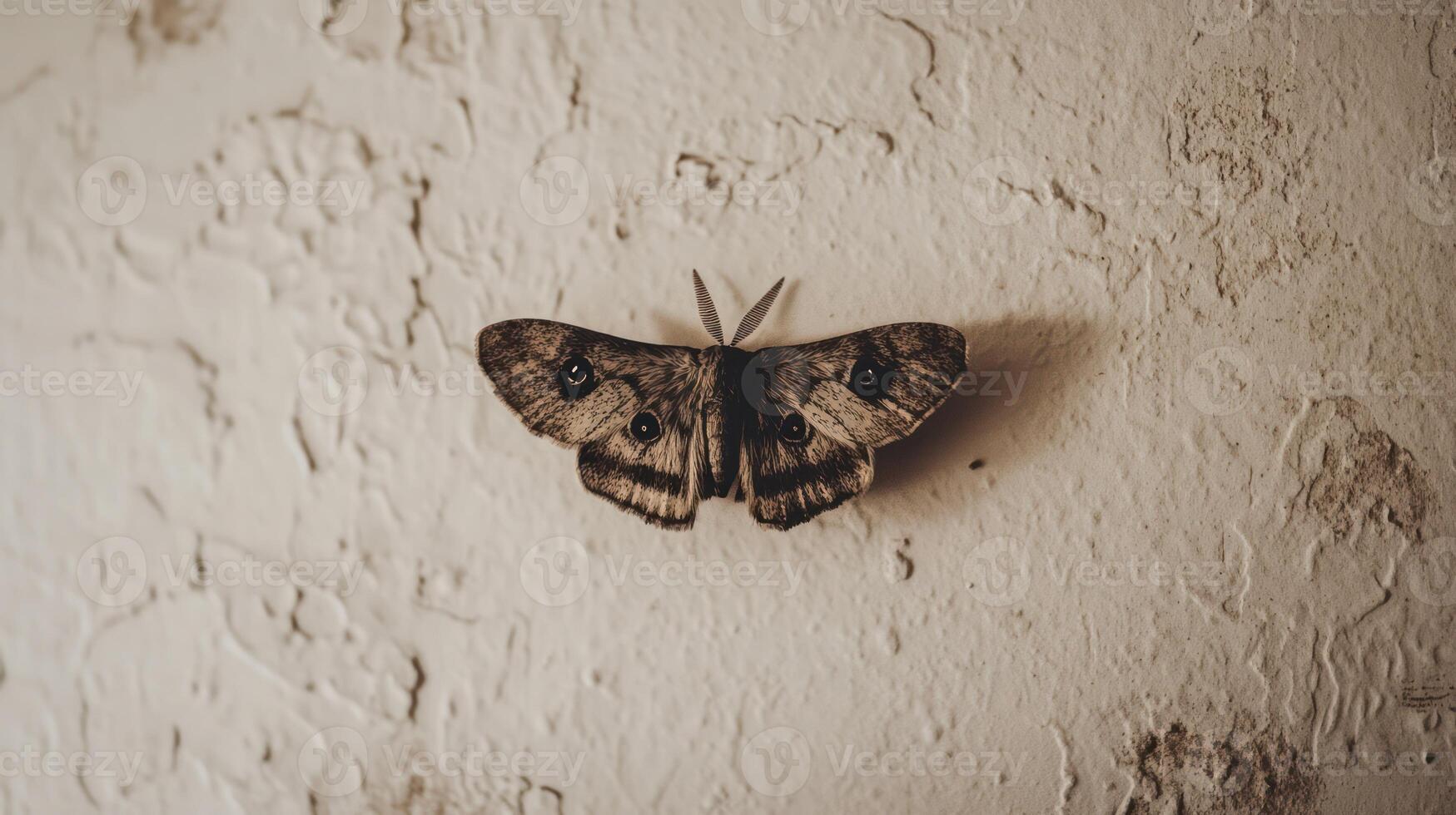 A moth resting on a textured beige wall surface with detail photo