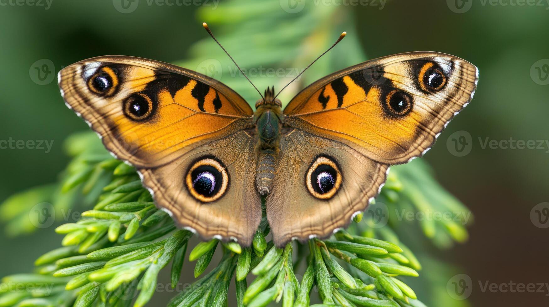 A vibrant butterfly with colorful wings rests on green foliage photo