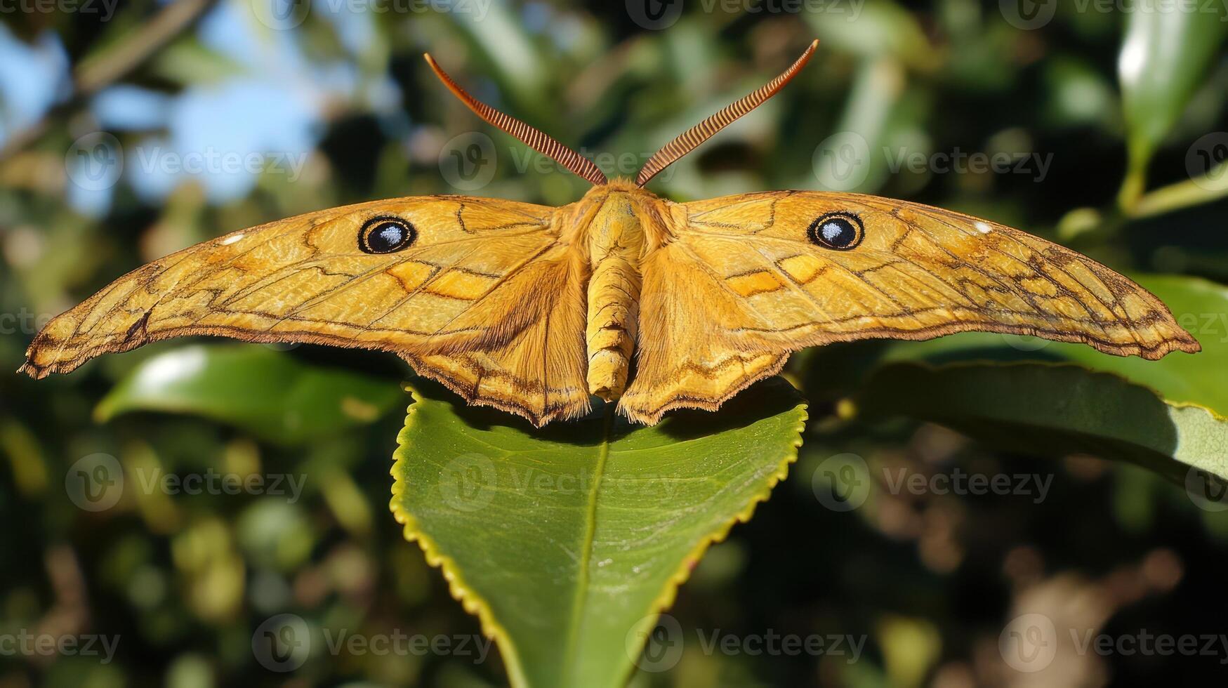 A large moth with orange wings and dark spots is resting photo
