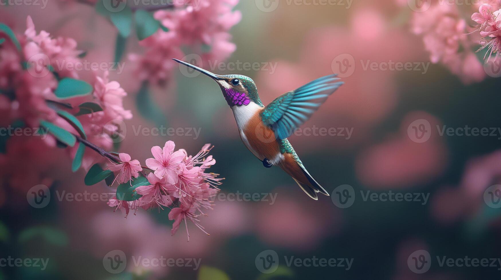 A colorful hummingbird hovering near pink flowers in the springtime photo