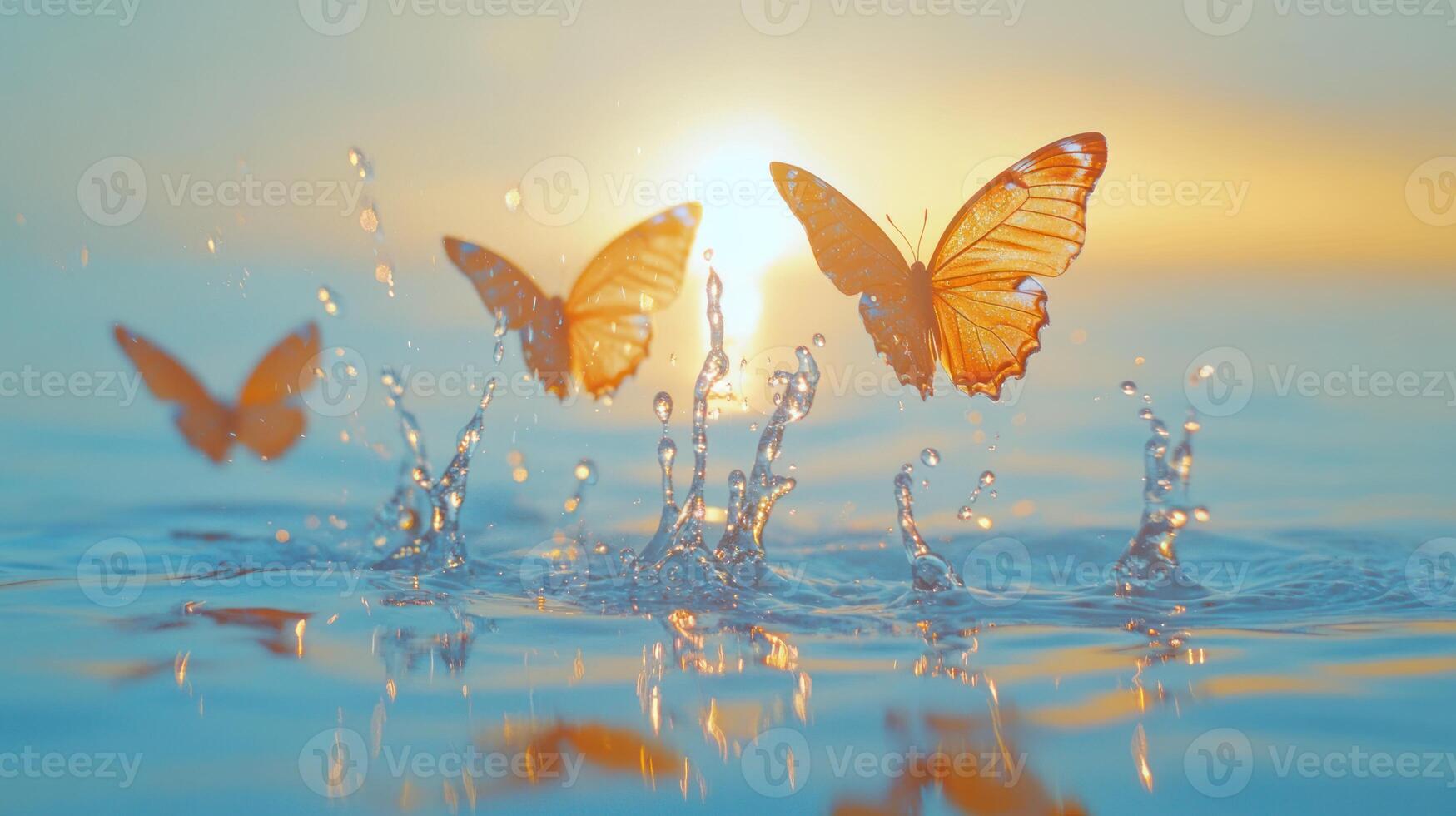 Butterflies emerging from water with sunshine and a serene background photo